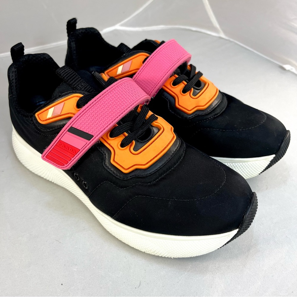 Prada Black Nylon Sneakers Pink Strap/Orange Detail Size EU 37.5 Authenticated